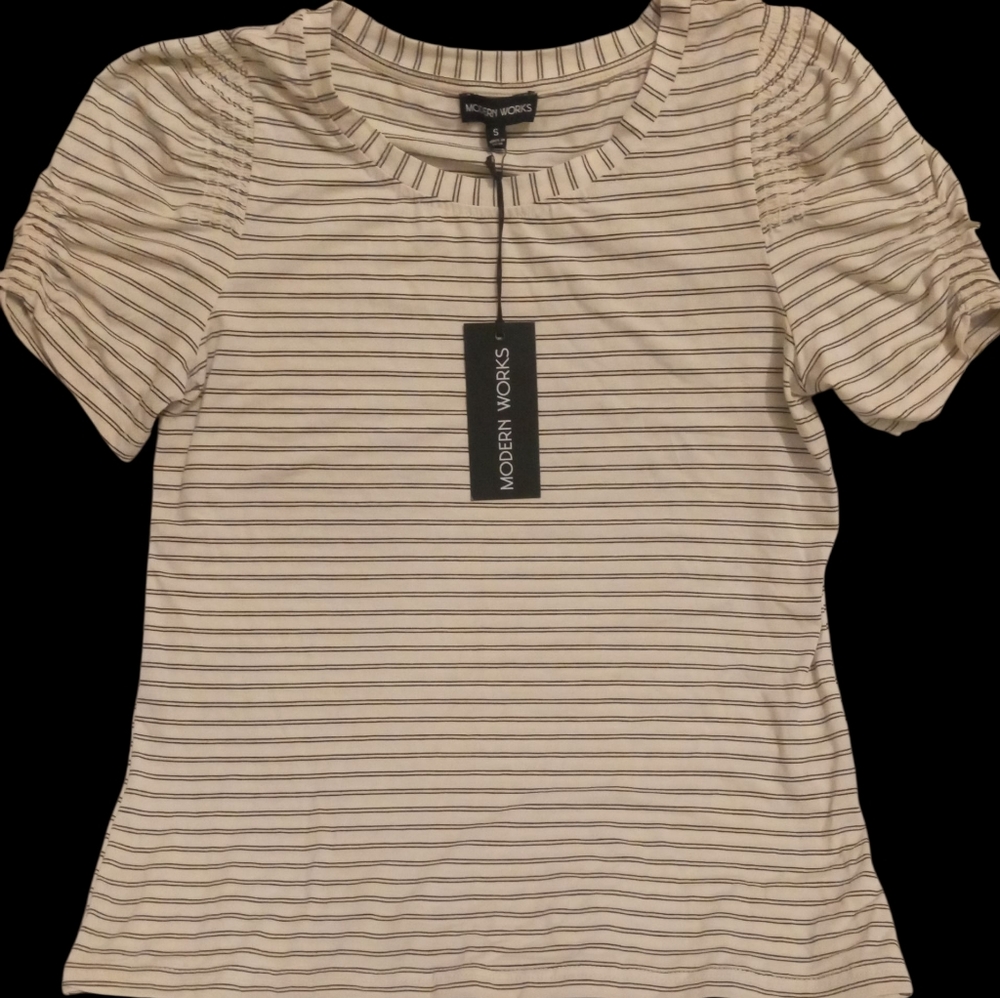 Modern Works Cream and Black Striped Short Sleeve Top